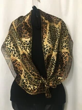 Women's Oblong Scarf Shawl Sheer Satin Animal Print Black Brown 58"X13"  B23