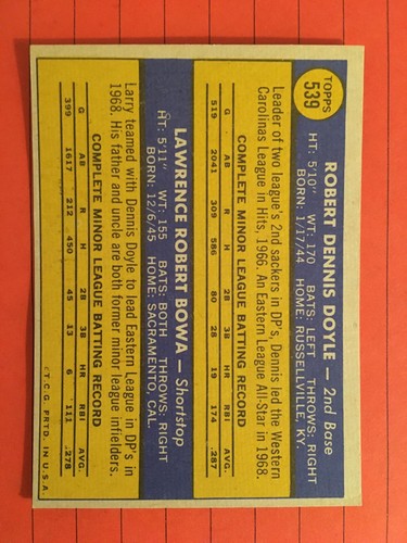 1970 Topps #539 - PHILADELPHIA PHILLIES ROOKIES DOYLE + LARRY BOWA 7045 - Picture 2 of 3