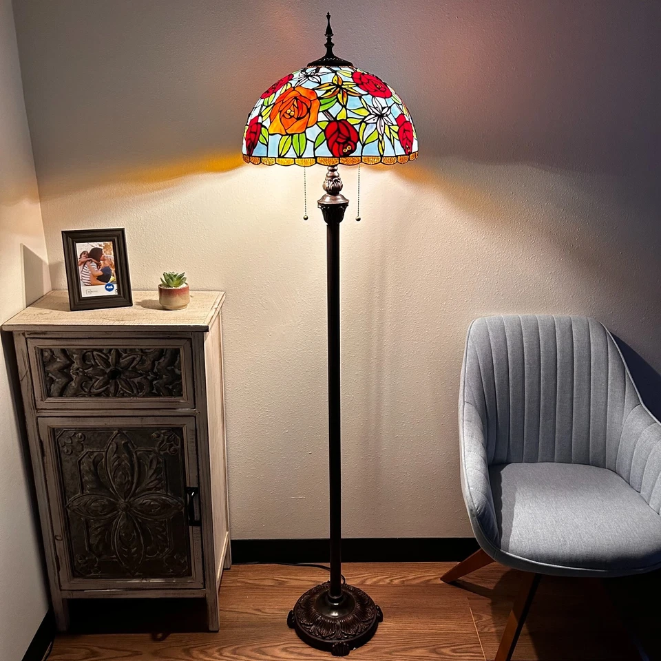 Tiffany Style Floor Lamp Blue Red Stained Glass Rose Flowers 16"W*16"D*64"H - Image 2 of 4