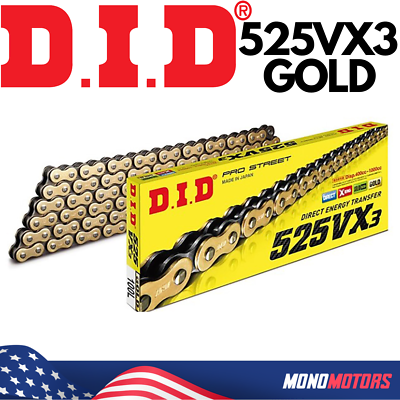 128 LINKS D.I.D DID 525VX3 525 VX3 GOLD CHAIN with Rivet Master