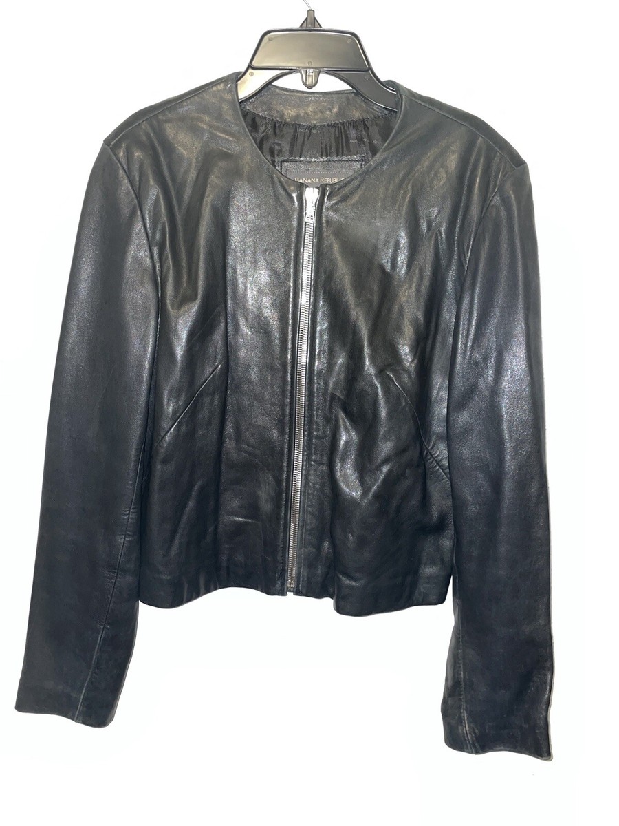 Vtg Banana Republic Boxy Supple Black Leather Zip Collarless 90s