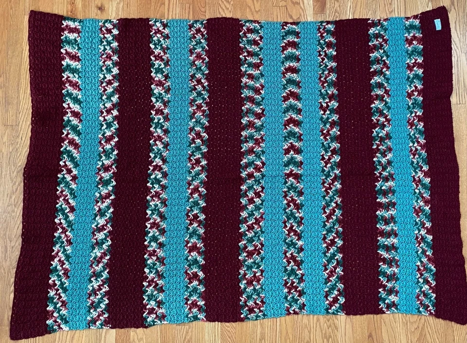 Manta afgana vintage hecha a mano crochet granate verde azulado rayas 68x50 Foto 2 de 3