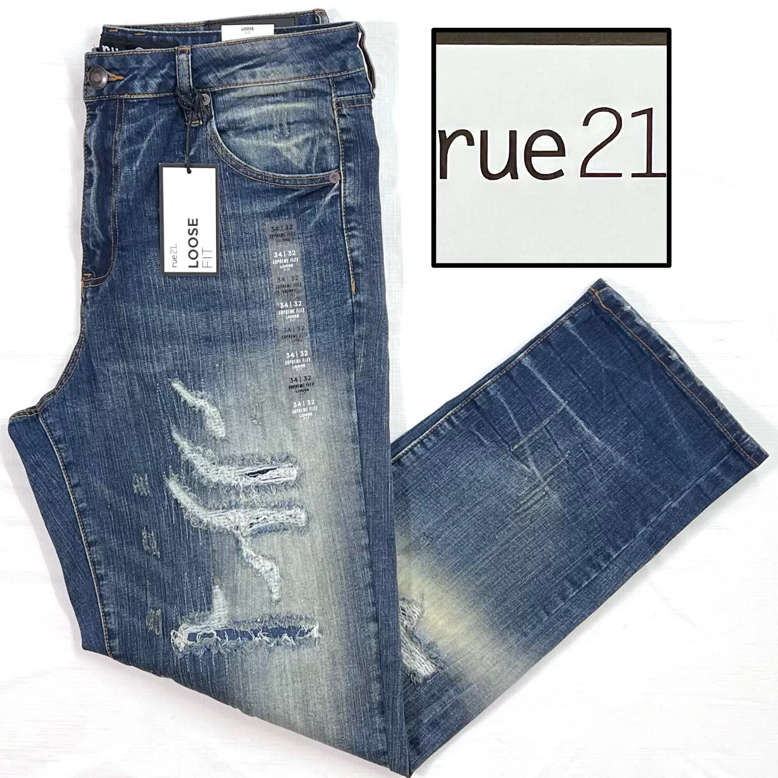 Pantalon jean homme taille 34x32 neuf avec étiquette RUE21 Supreme Flex coupe ample vieilli denim foncé