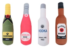 Dog Plush Toy, Squeaky Squeaker Bottle, Whiskey Rose Champagne Vodka, 9" tall