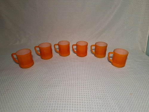 Vintage 1950s Federal Glass Barrel Mug Coffee Cup Orange Milk Glass Set Lot of 6
