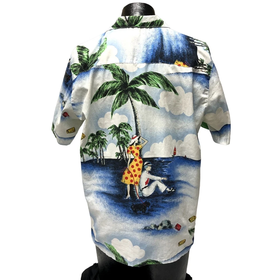 Vtg 80's Rampage Couple & Dog Castaways HAWAIIAN Loop Collar ISLAND Camp Shirt - Image 3 of 4