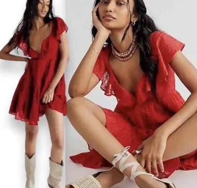 Free People Undone Guava Berry Lace Ruffle Tiered Mini Baby Doll Dress Size XS