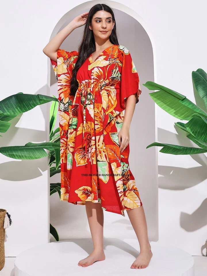 Court Coton Imprimé Robe Caftan Boho Plage Tunique Rouge Floral Resort Vêtement - Photo 2/4