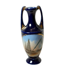 BEAUMONT Oil Wells Gas TX TEXAS ANTIQUE Souvenir China COBALT TRINKET VASE