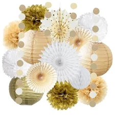 White Gold Party Decorations Tissue Pom Poms Paper Lanterns Hanging Paper Fan 