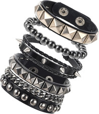 Leather Spike Bracelets Set for Men and Women, Adjustable Punk Cuff Accessories