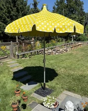 Vintage MCM Vinyl Tilting Finkel Aluminum Patio Umbrella Yellow Polkadots 8ft