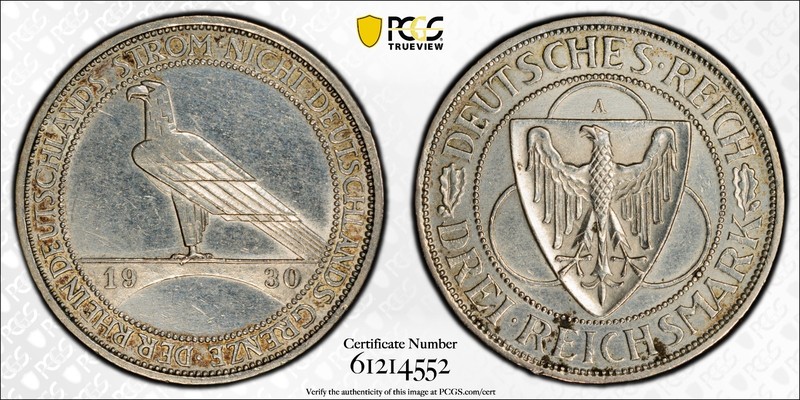 1930 A Germany 3 Reichsmark Silver Coin Liberation of Rhineland PCGS UNC Details