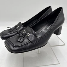 NINE WEST Block Heel Shoes Womens 7.5 M Black Leather Square Toe Slip On