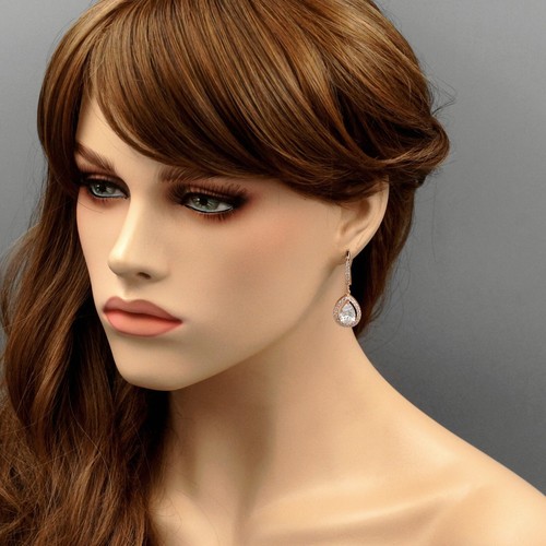 Women ROSE GOLD Plated Cubic Zirconia CZ Wedding Bridal Hook Dangle Earrings 617 - Picture 2 of 4