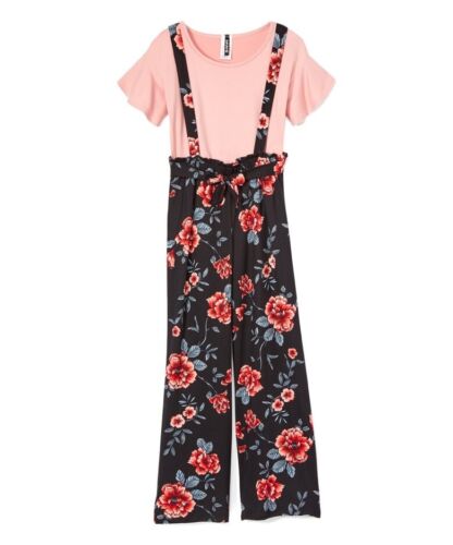 NWT Insta Girl Size 7-8 Peach Ruffle Short Sleeve Top Floral Jumpsuit Outfit Set