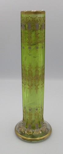 Bohemian Moser grüne zylinderförmige Vase appliziert emailliert Schriftrollen 10-1/4" hoch - Bild 18 von 20