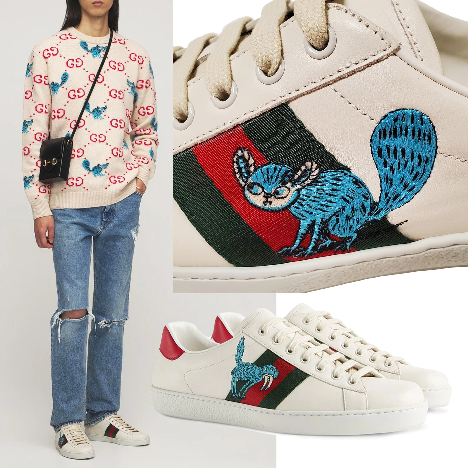BASKETS GUCCI HOMME ACE CUIR BLANC FREYA HARTAS avec CHAUSSURES WEB taille 7 7,5