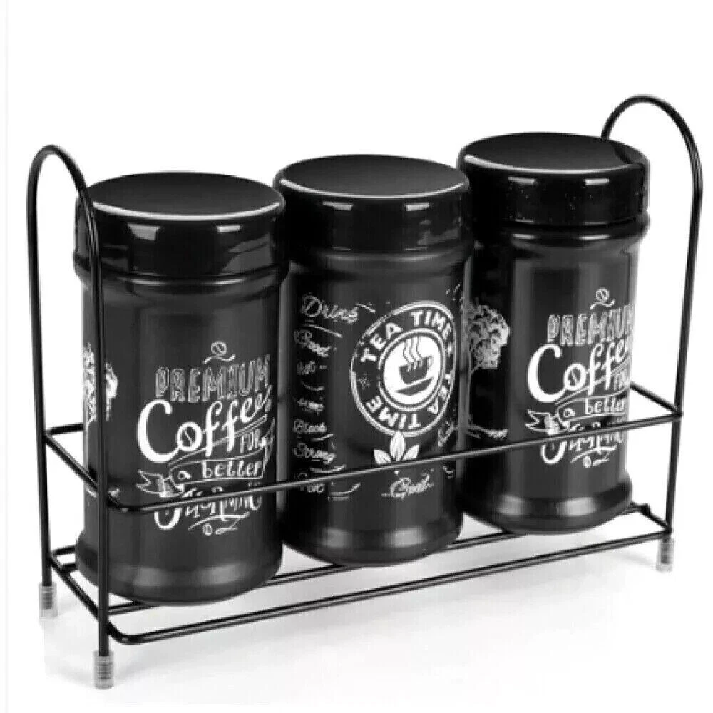 3X 660ML Retro Tea Coffee Sugar Storage Canister Glass Jars with stand