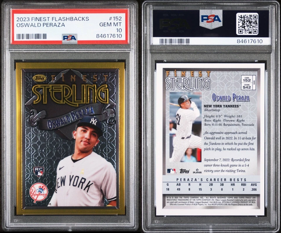 Oswald Peraza 2023 Topps Finest Flashbacks Sterling Gold RC PSA 10 Gem Mint - Image 3 of 3