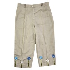 Vintage Flower Trim Crop Pants Linen Blend Beige Spring Summer 1990s Capris XL