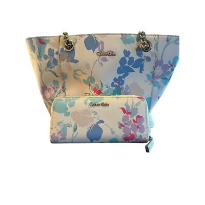 Calvin Klein Floral Tote Bag Chain Straps Beige Multi-Color