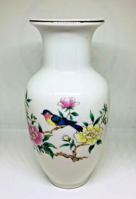 Vintage Otagiri Porcelain Vase 6'' Spring Bluebird and Peony Flowers Rare Japan