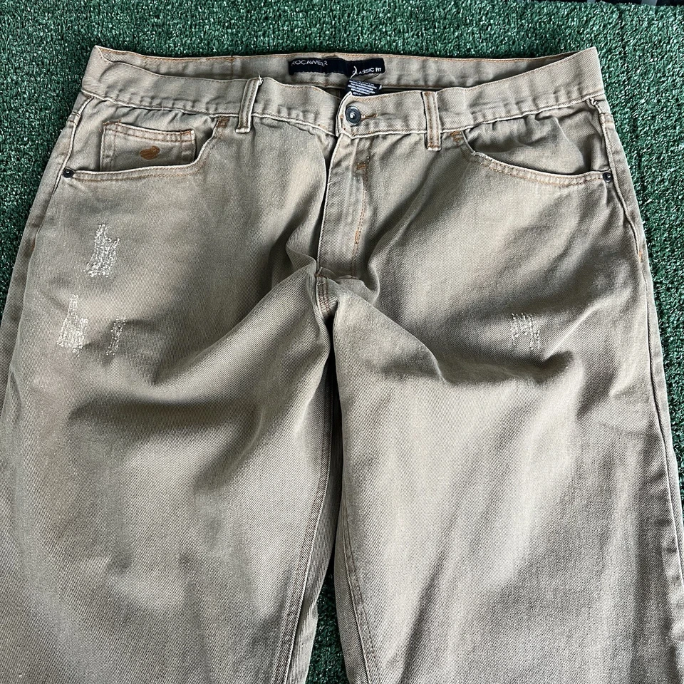 Jeans de mezclilla caqui holgados de pierna ancha Y2K Rocawear 41x32" 20" aberturas estilo JNCO de colección Foto 4 de 4