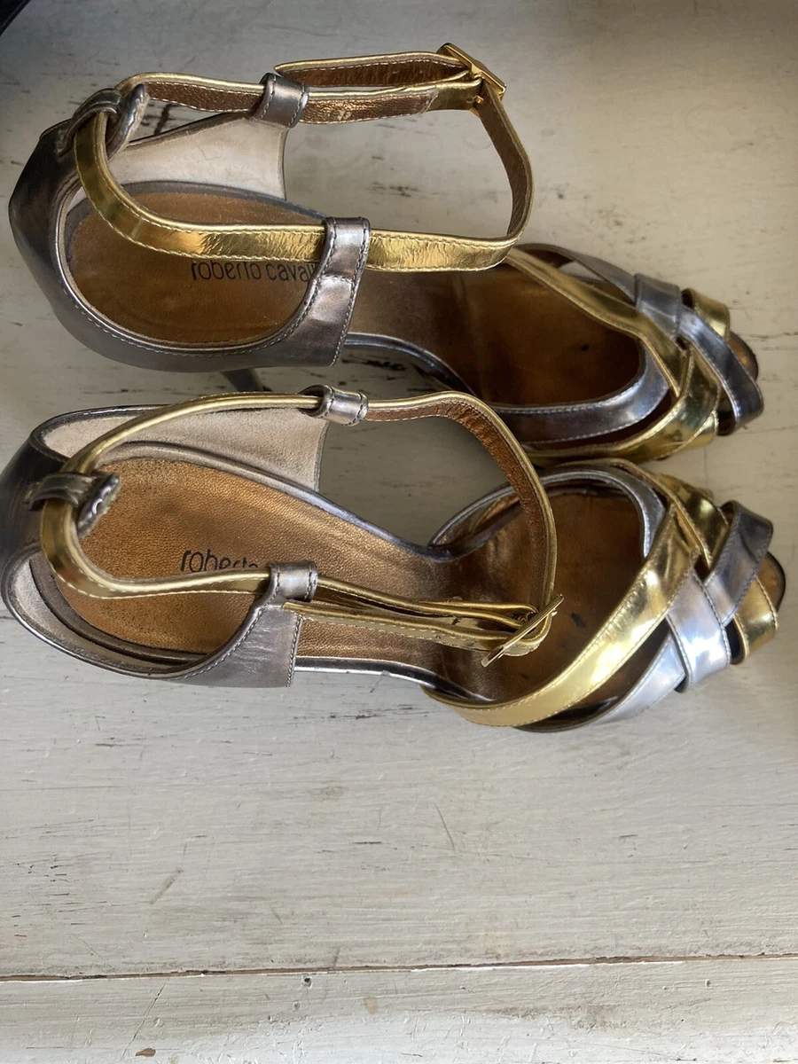 Roberto Cavalli silver gold basket ballroom dancing cocktail heels 36.5 6.5