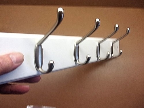 Satin White Coat Rack w/4 Brushed Nickel Double Hooks 18" x 2 3/4" New Old Stock - Picture 2 of 7