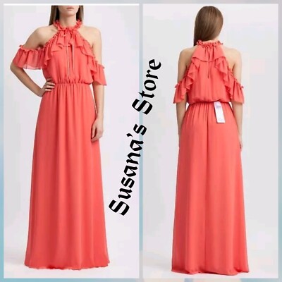 Bcbgmaxazria Womens Tracie Ruffle Maxi Halter Dress Pink S Bcbgmaxazria Womens Tracie Ruffle Maxi Halter Dress Pink S