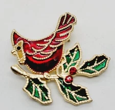 Red Cardinal Bird Brooch Enamel Pin Gold Tone Holiday Christmas Pin 