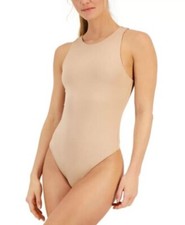 Alfani Bodysuit Women L Latte Cafe High-Neck Thong Style Stretch MPR 30