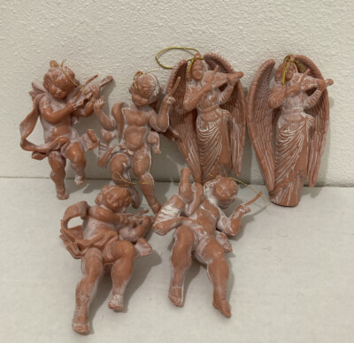 Vintage Christmas Ornaments Pink Cherubs Angel Hanging Ornaments Lot Of 6