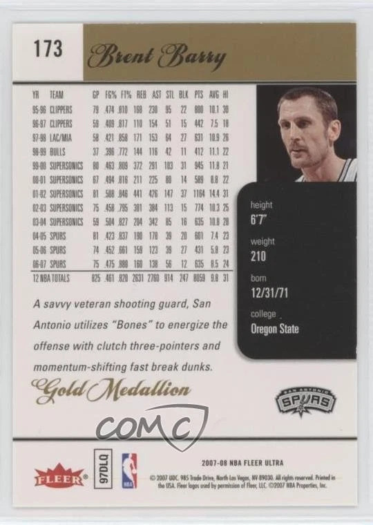 2007-08 Fleer Ultra Gold Medallion Brent Barry #173 - Image 2 of 2