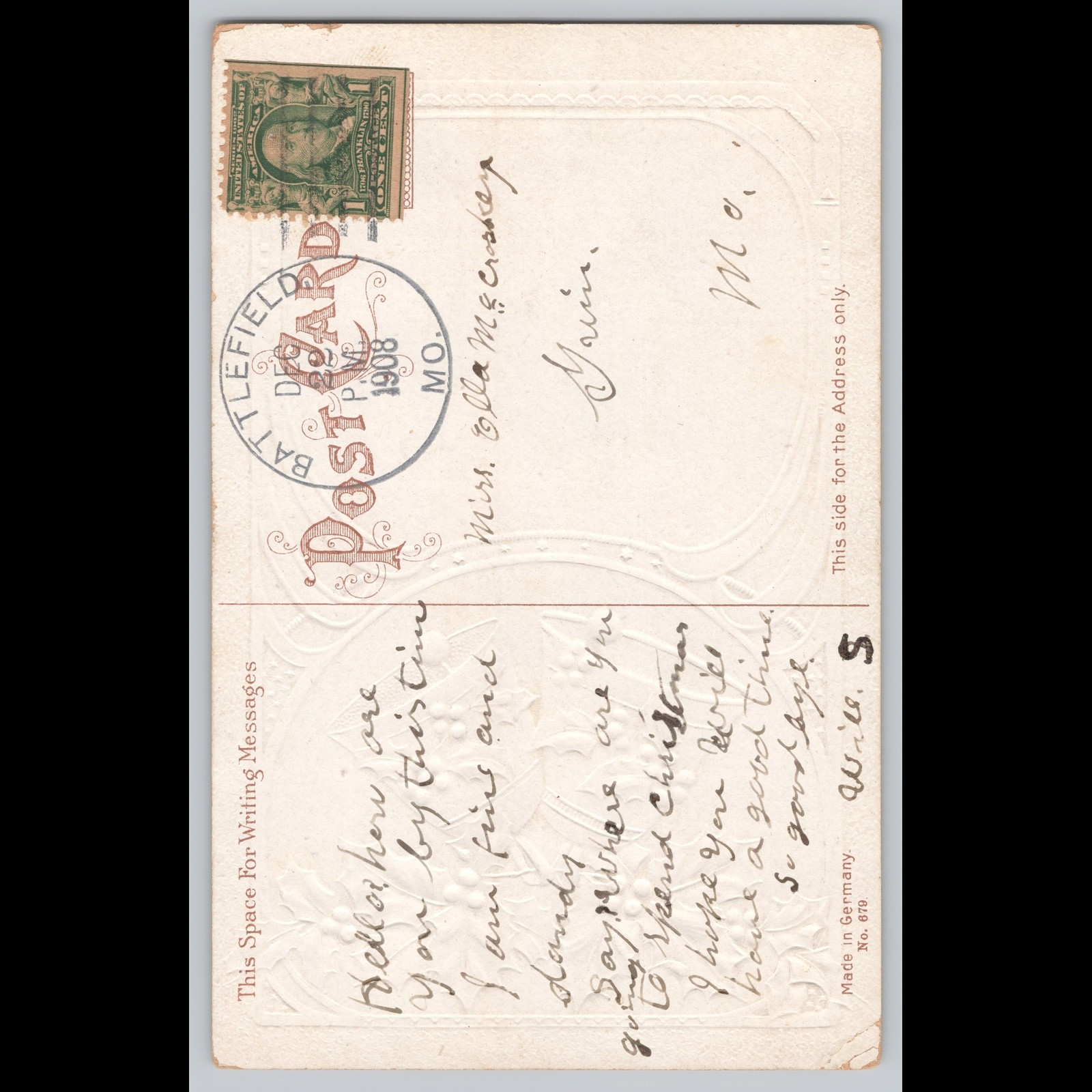 Antique Postcard Wishing You a Merry Christmas Birds Holly 1908 Battlefield MO