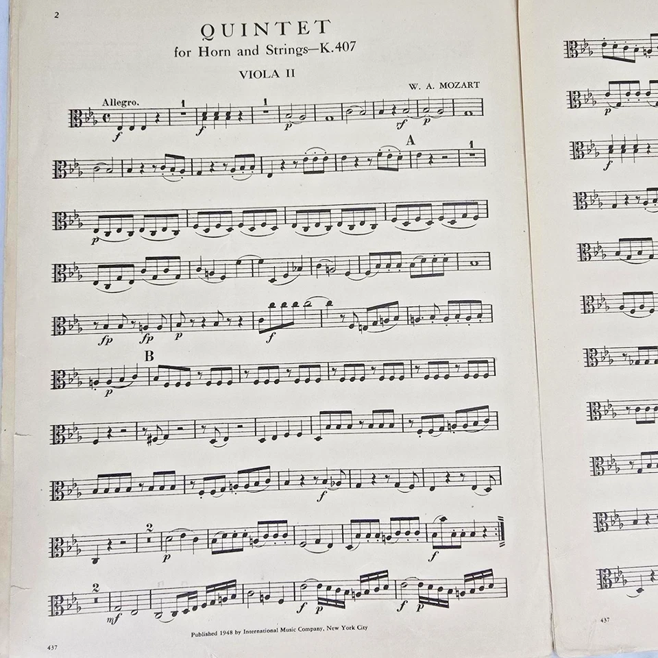 Mozart Quintet K.407 Violin Viola Cello French Horn Sheet Music Score Parts 1948 - Image 4 of 4