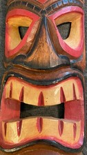 Hand Carved Wood Tiki Mask Wall Hanging Painted Palm Tree Tropical Decor 19 inch