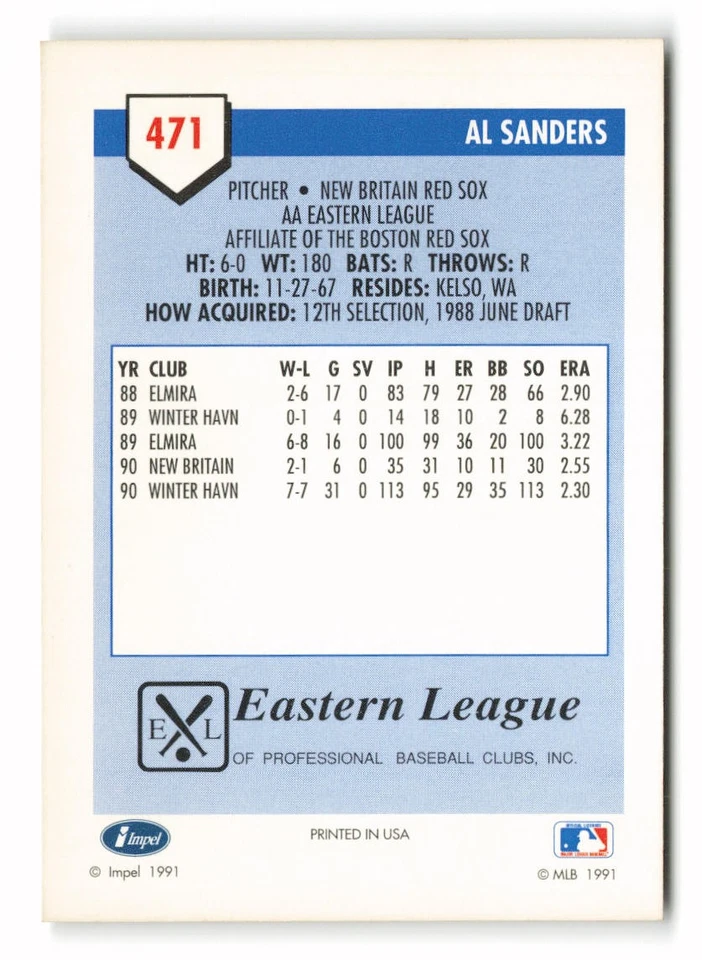 1991 Line Drive AA #471 Al Sanders New Britain Red Sox - Image 2 of 2