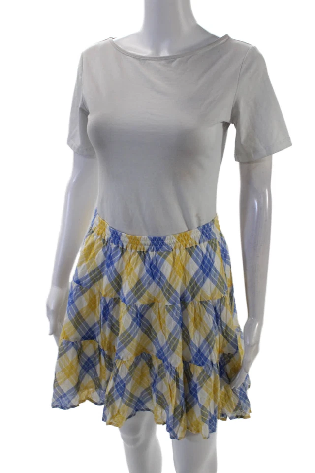 Michael Michael Kors Womens Plaid A Line Skirt White Blue Yellow Cotton Small - Image 2 of 4