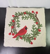 VTG Hook Wool Pillow Cover Zip Set Of 2 Cardinal Red Bird Berries Handmade READ