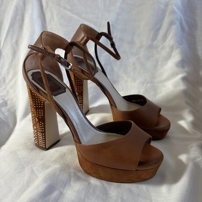 Dior ブラウン レザー オープントゥ ハイヒール38 Dior Brown Leather Studded Block Heel Platform Sandals Size 38 | eBay