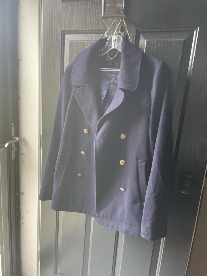 J. Casaco feminino Crew Stadium tecido Nello Gori mistura de lã forrado ervilha tamanho 12, azul marinho  - Imagem 2 de 4