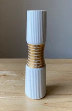 Mid-Century Modern THOMAS ROSENTHAL 8" White Gold Op Art Vase - Germany - VGUC