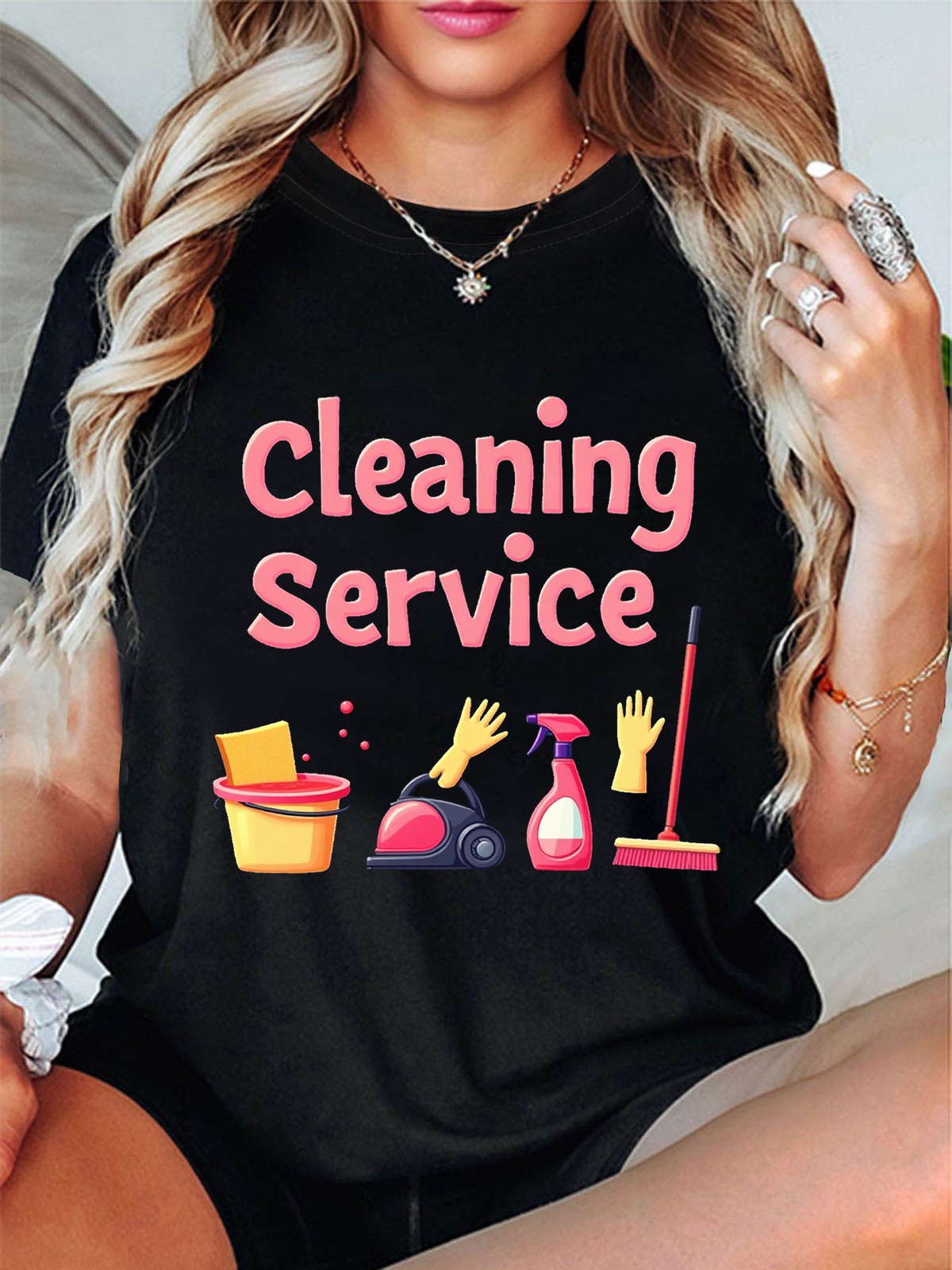 Women Cleaning Service Graphic T-Shirt Housekeeping Tools Print Casual Tee