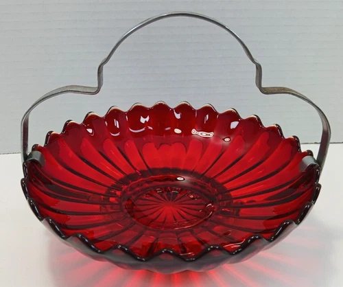 Vintage Imperial Glass Red Pillar Flutes Relish Sea Food Bowl w/ Metal Handle