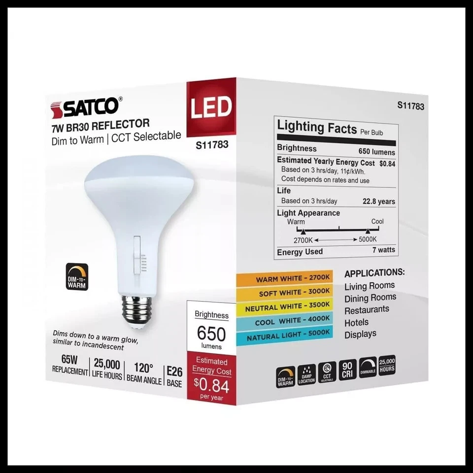 Satco S11783 - 7 Watt BR30 LED Bulbs  - CCT Selectable - Dim to Warm (12 Pack) - Image 3 of 4