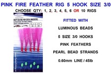 PINK FIRE RIG 5 HOOK 3/0 BOAT SEA FISHING LURES COD POLLOCK MACKEREL FEATHERS