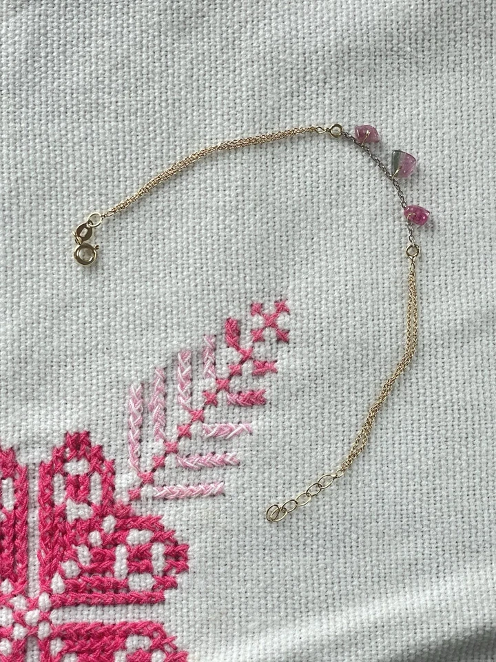 Elegante Pulsera Italiana Doble Tono Sandía Y Turmalinas Rosa 18kt  Foto 3 de 4