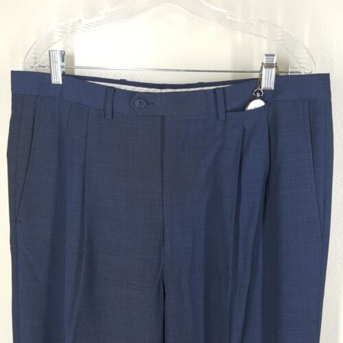 PAL ZILERI Blue Check Pleated  Pants  Made In Italy 100%Wool  36" X 26" SHORT - Picture 1 of 5